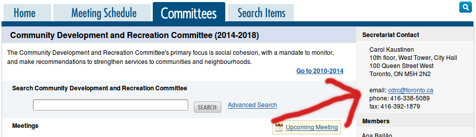 Each committee's page at toronto.ca/council has a contact email in the sidebar.