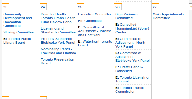 Screenshot of this week's City Hall calendar