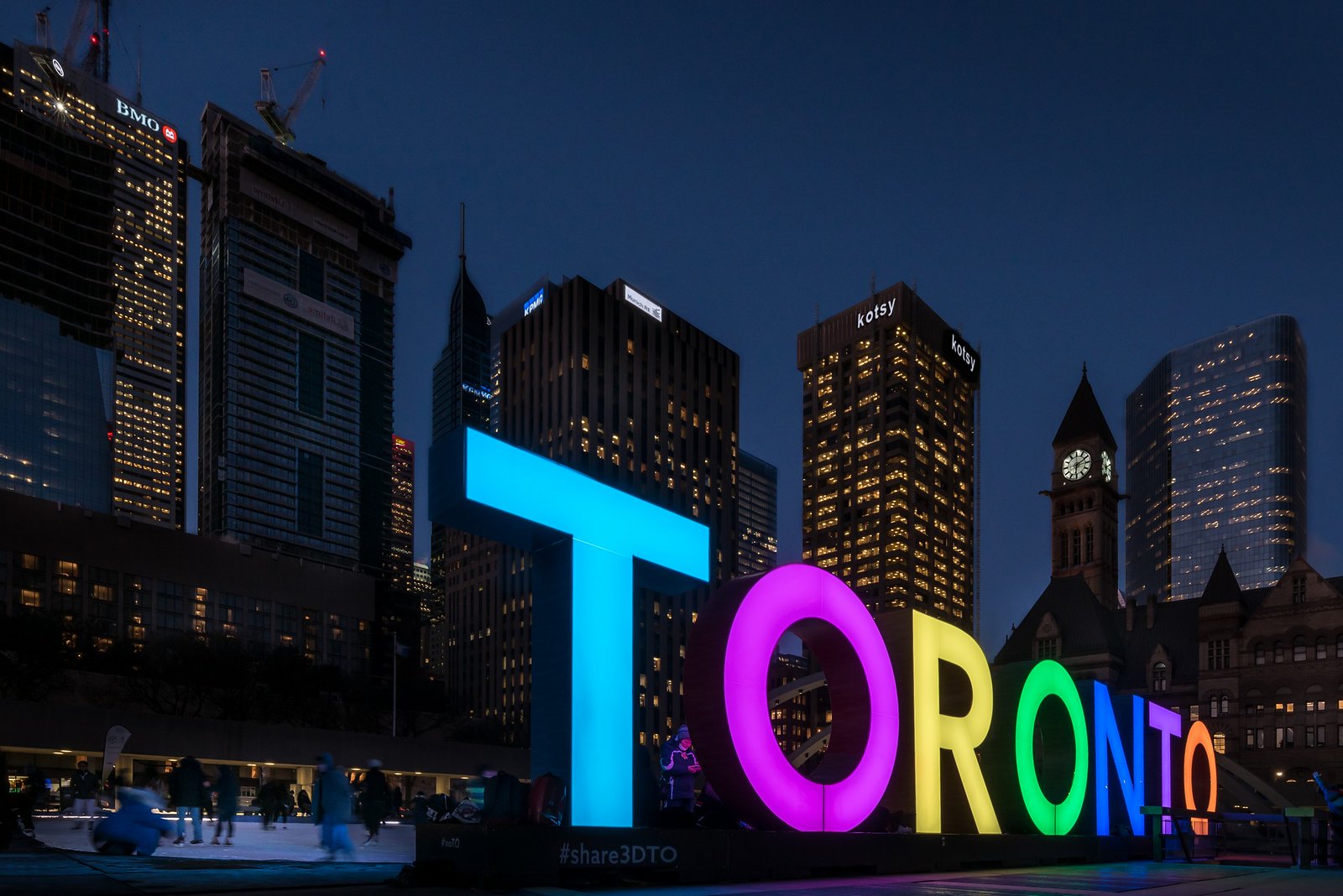 The colourful TORONTO sign by night