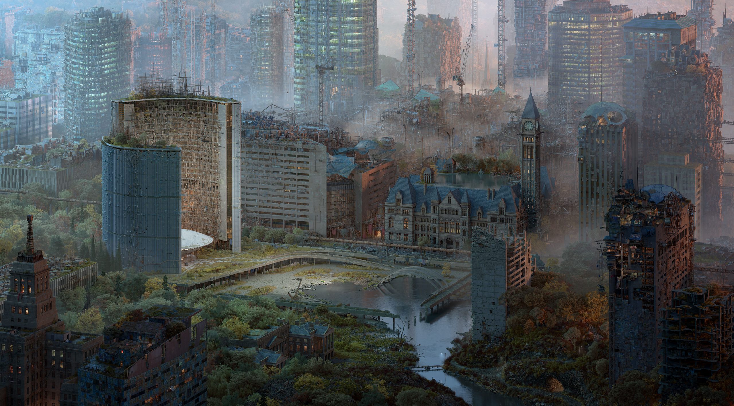 This image from Lisa Jackson's *Biidaaban* depicts Toronto City Hall overgrown by trees, Nathan Phillips Square transformed into a pond.