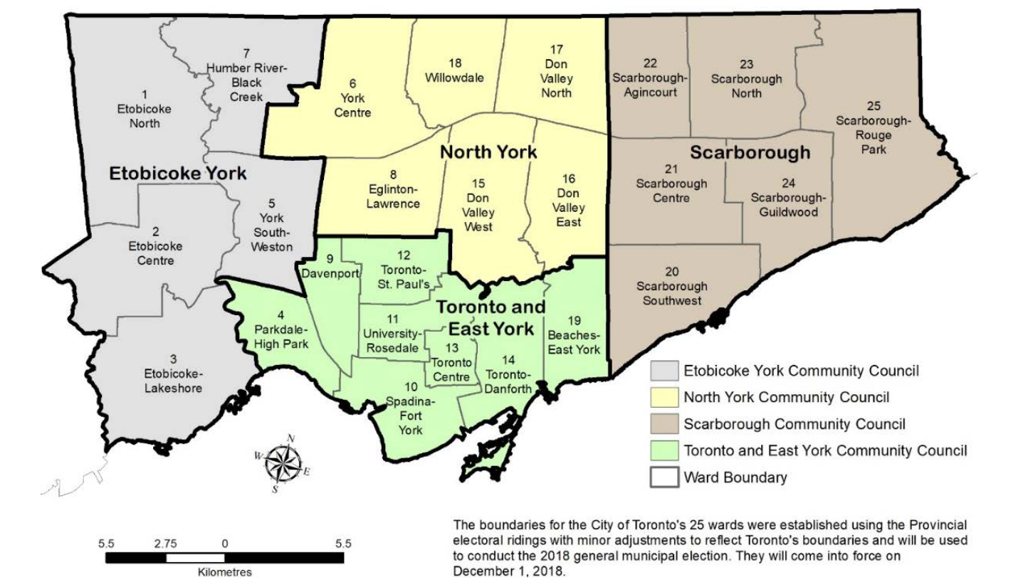 Map of Toronto with the 25 wards divided into 4 Community Councils
