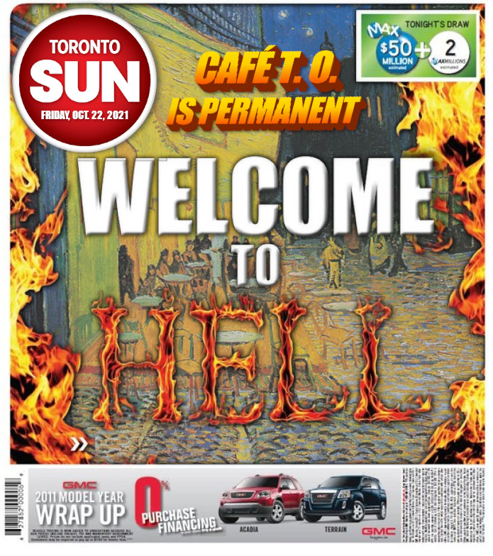 Parody Toronto Sun cover: "CaféTO is Permanent, WELCOME TO HELL"
