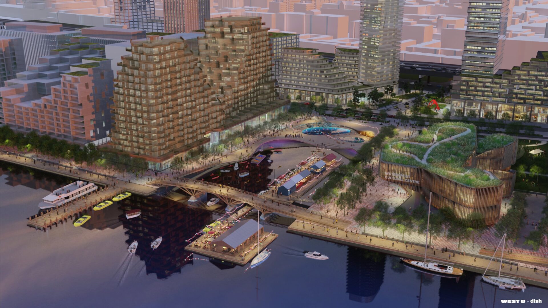 Rendering of a public space on the waterfront by night