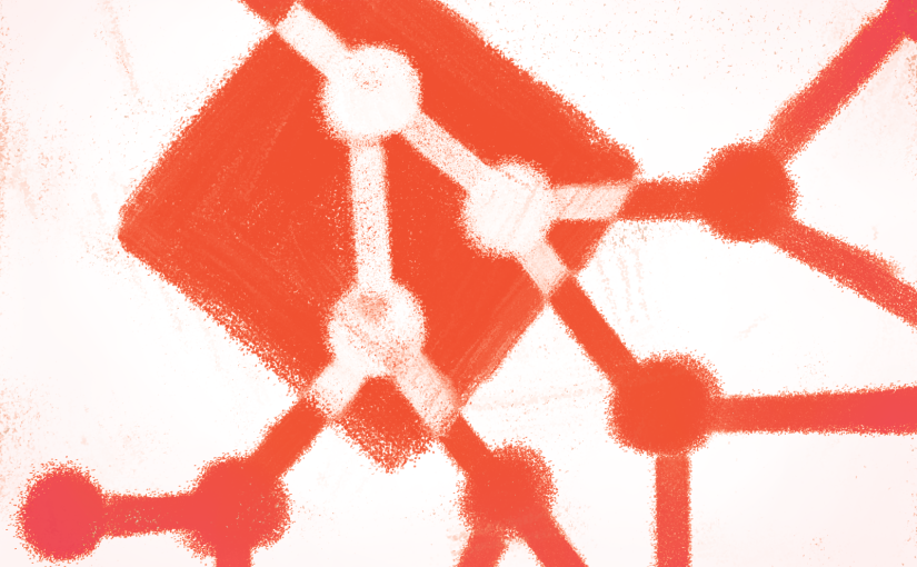 Digital painting of the git logo, an orange-red diamond with white nodes and branches superimposed, except now the branches extend outside the diamond, forking into more nodes.