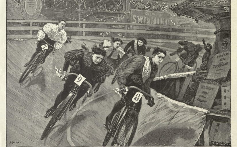 Black-and-white illustration of several women cyclists racing around an early velodrome, with determined expressions.
