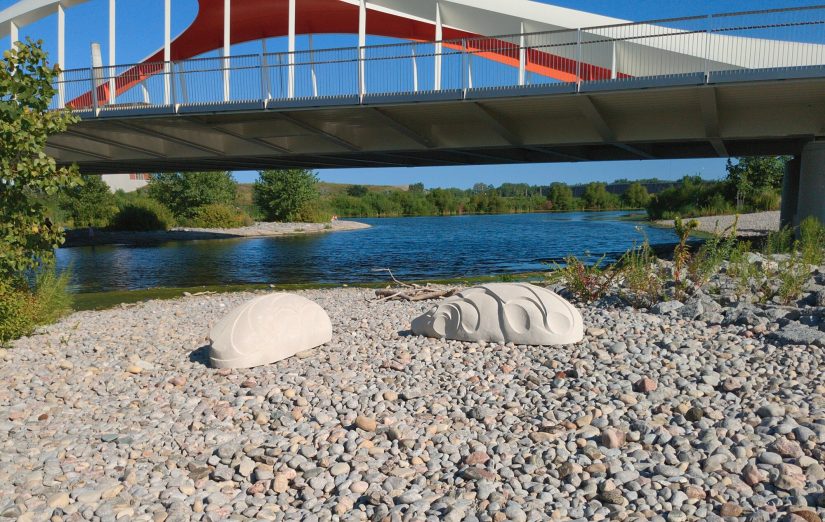 A swooping white and red bridge crosses the Don, with a beach of round fist-sized rocks and two pale sculptures (frogs?) in the foreground.